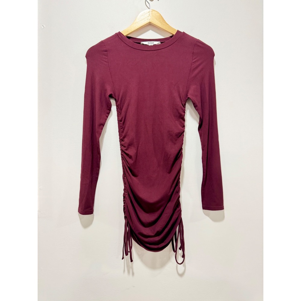 BB Dakota Steve Madden Womens Ribbed Ruched Mini Dress Burgundy Long Sleeve XS